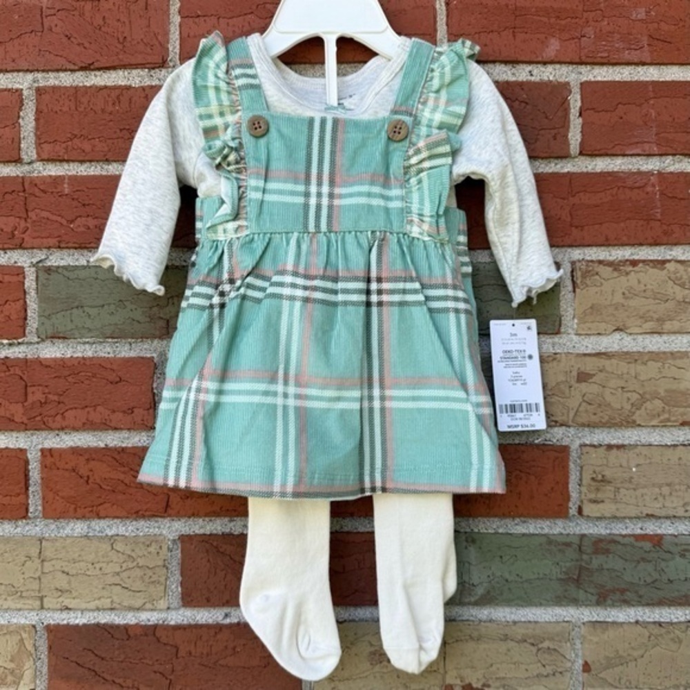 Carter’s Matching Three Piece NWT Green White Shirt + Dress + Tights Set 👶🏻